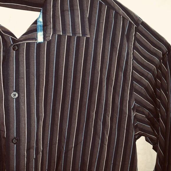 XXL St Bernard for Dunnes Dress Shirt Brown Striped Blue Button Ribbon Trim EUC - Picture 2 of 10